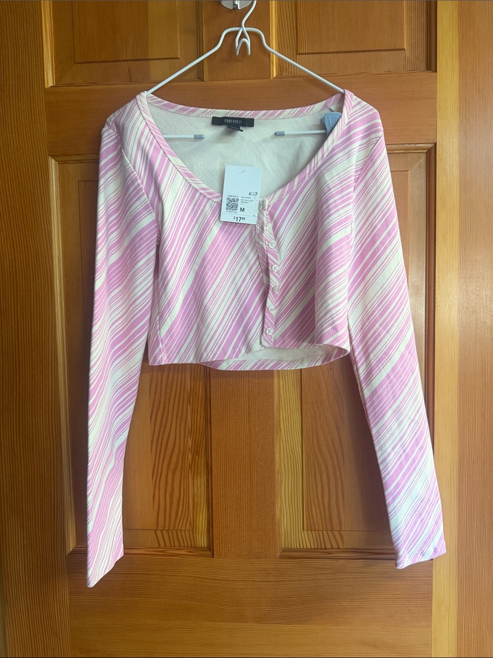 NWT Forever 21 Pink White Striped Cropped Henley Top Long Sleeve M